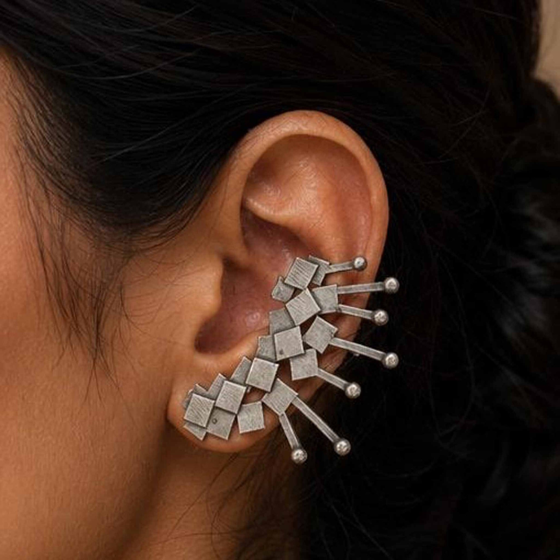 Abstract geometry silver ear cuff earrings