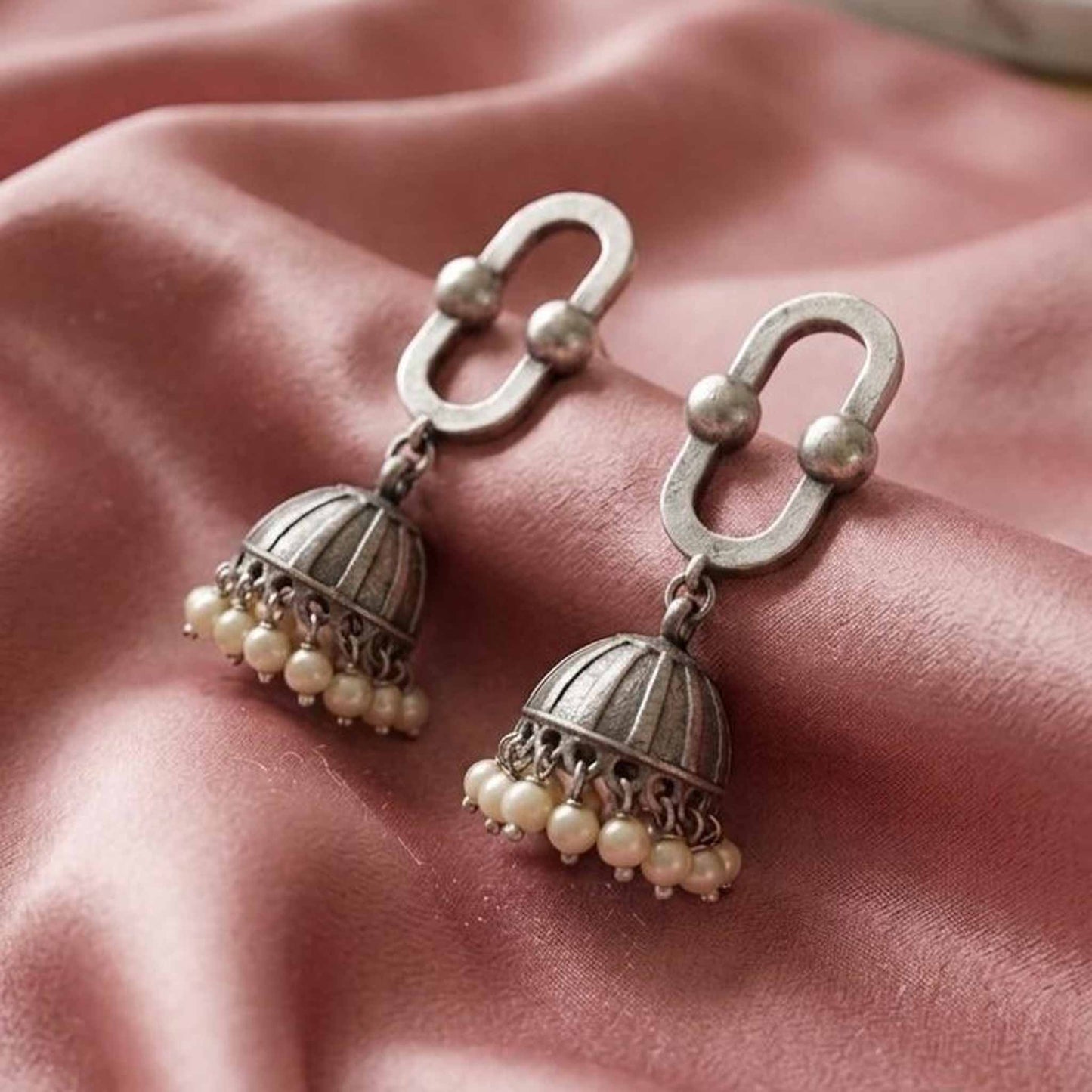 Oval Border Pearl Jhumki Earrings close up view
