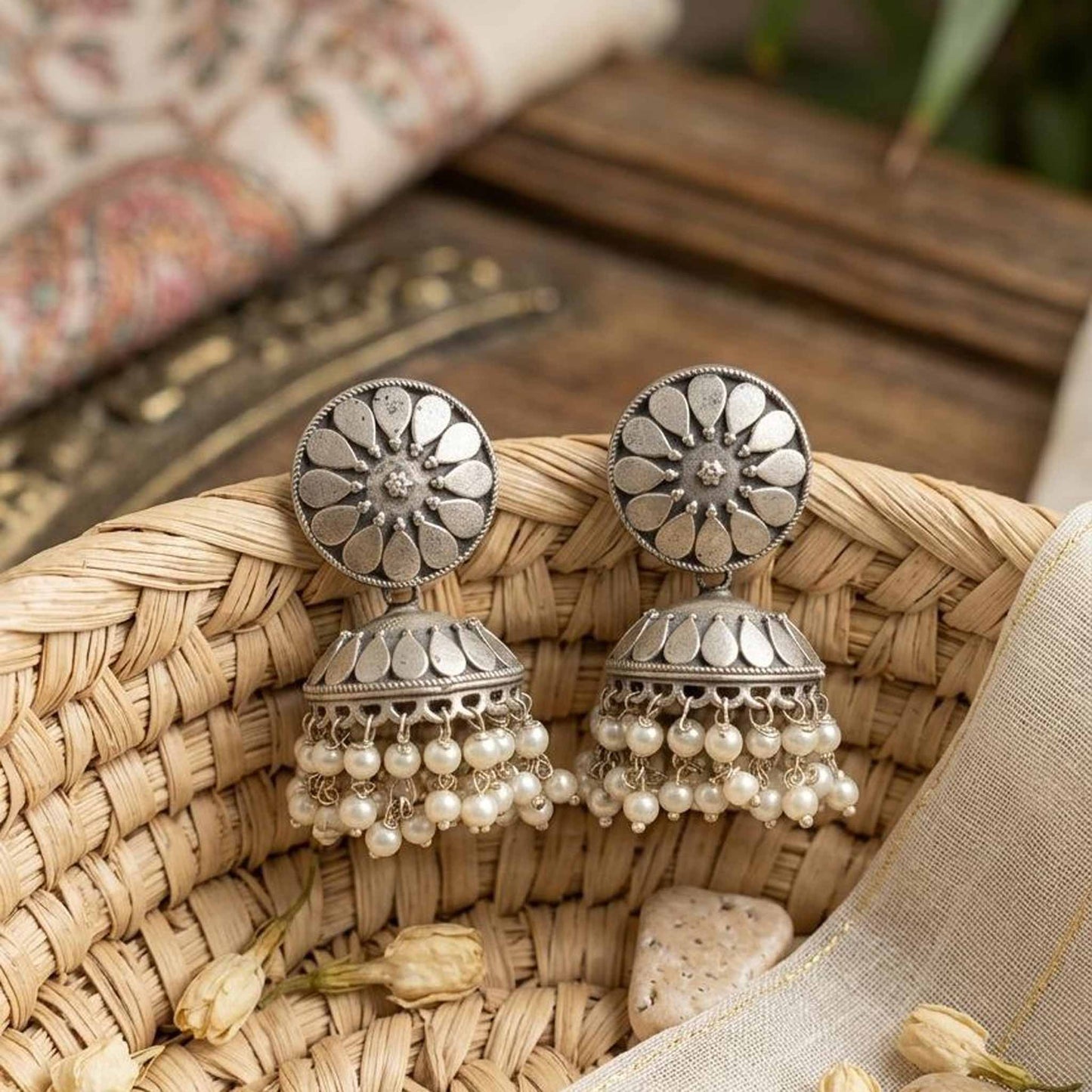 Traditional German Silver pearl jhumka earrings basket styling