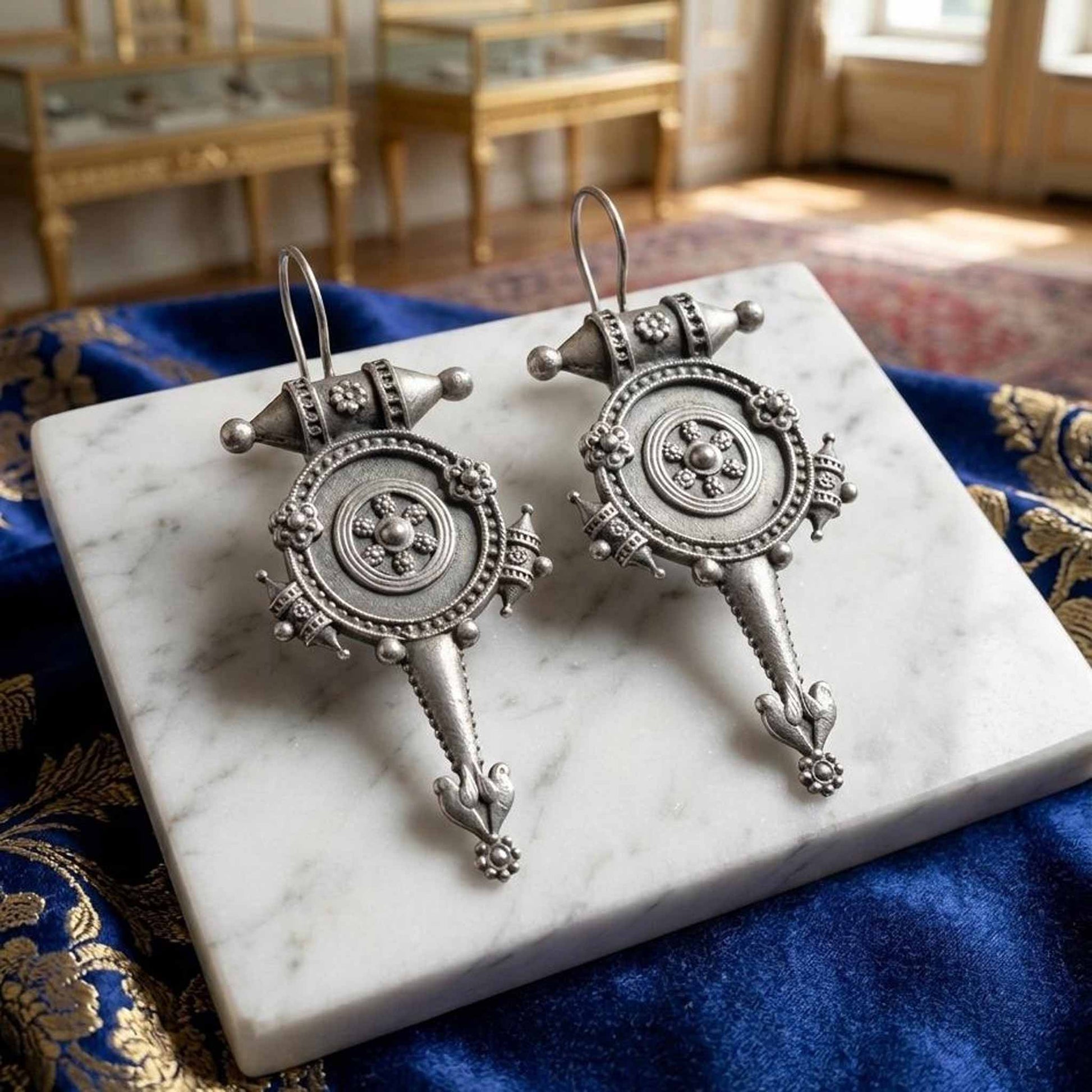 Antique silver tribal earrings product display on marble slab