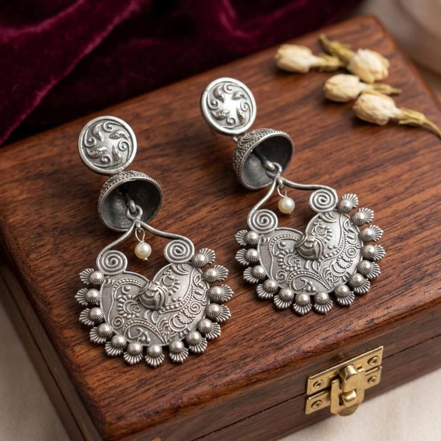StuffByShweta German Silver Floral Peacock Jhumka - Image 4