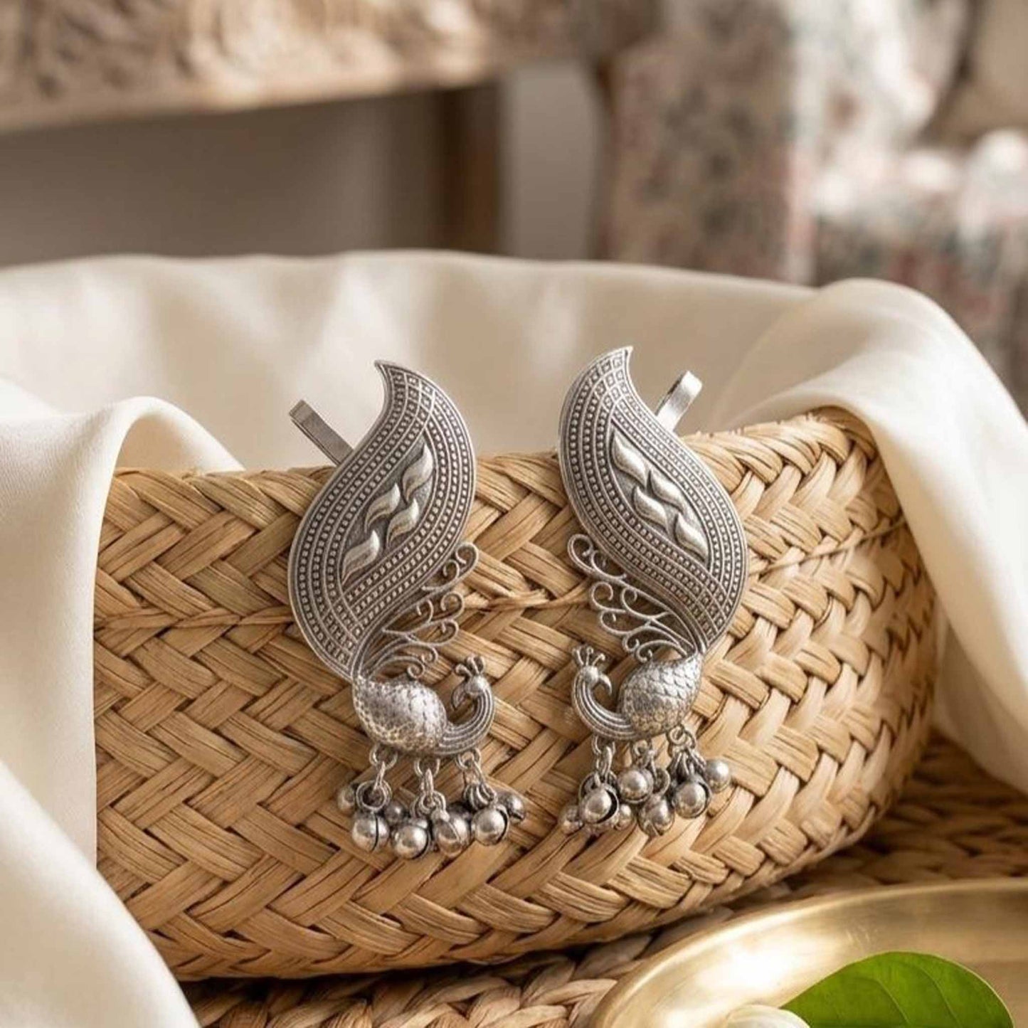 German Silver peacock ghunghroo ear cuff earrings on basket