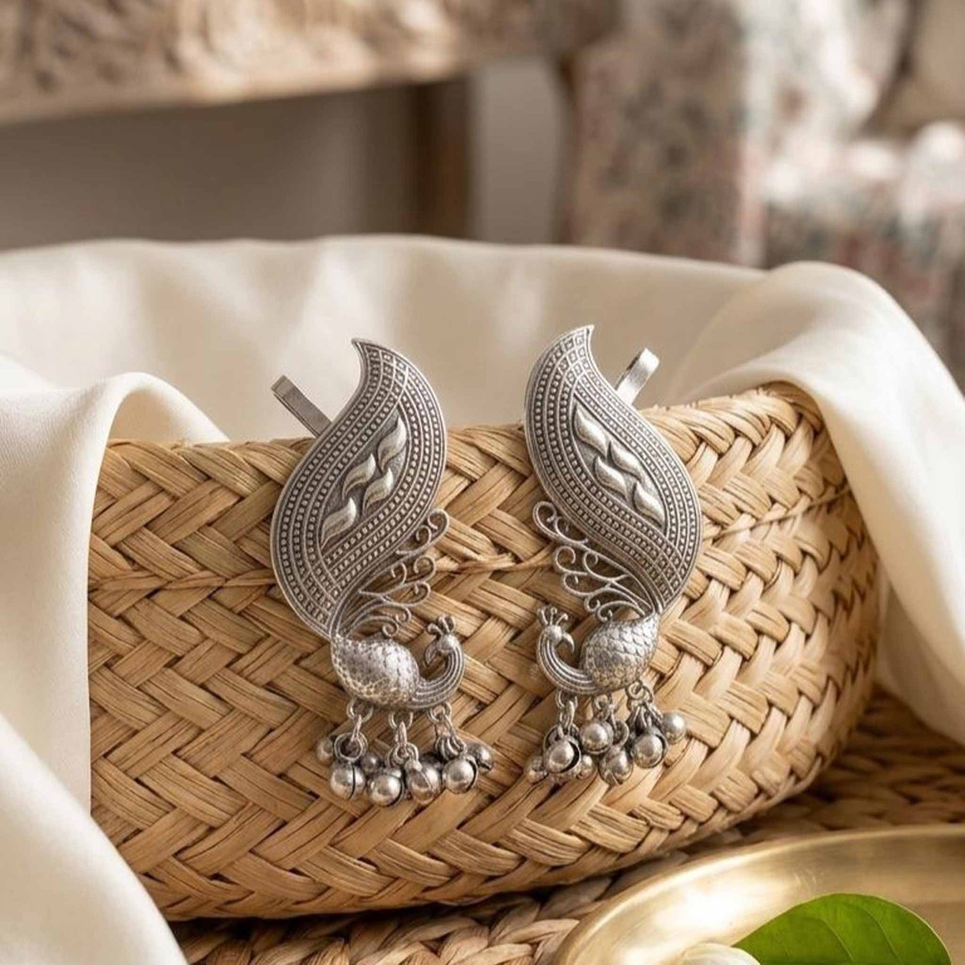 German Silver peacock ghunghroo ear cuff earrings on basket