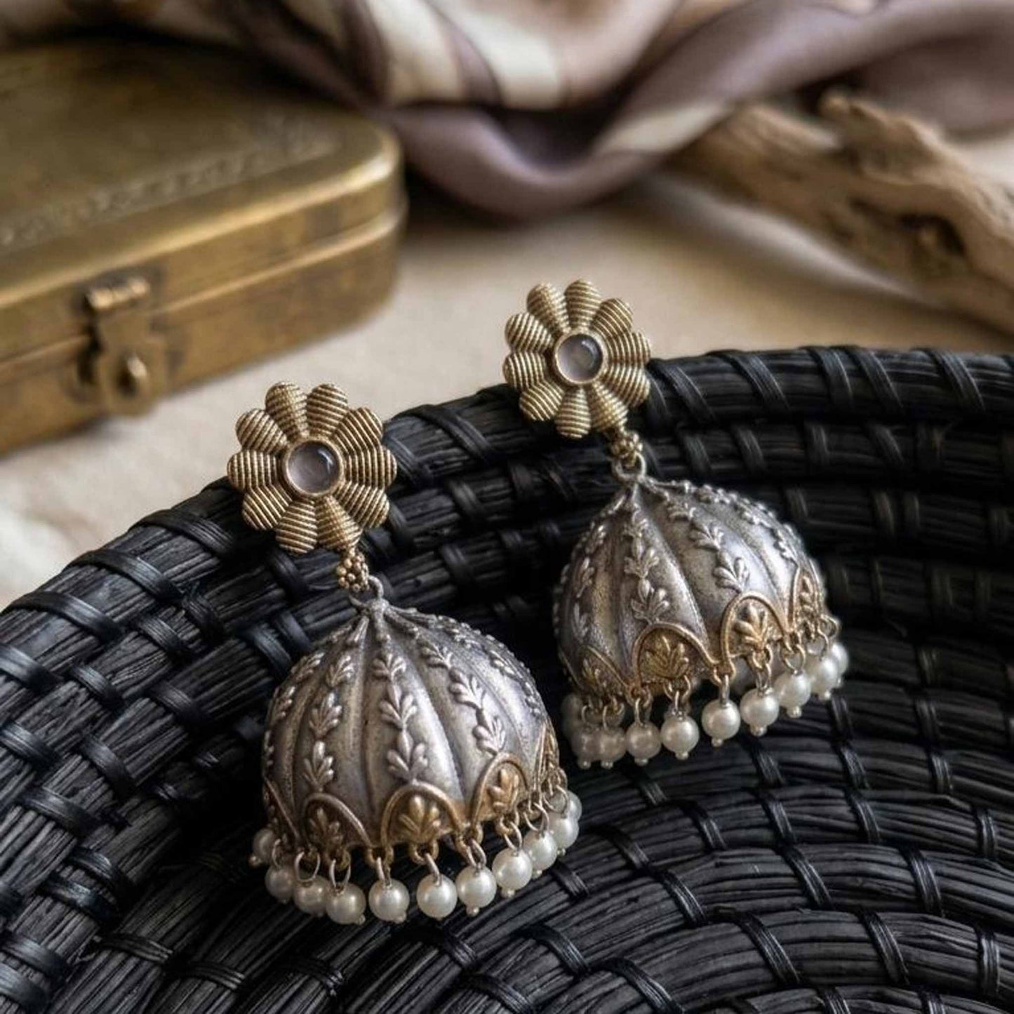 Traditional dual tone pearl jhumka earrings