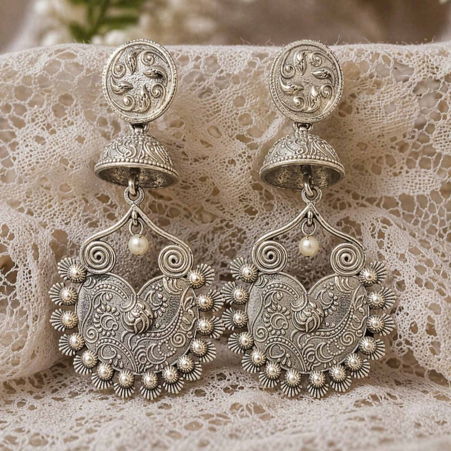 StuffByShweta German Silver Floral Peacock Jhumka - Image 5