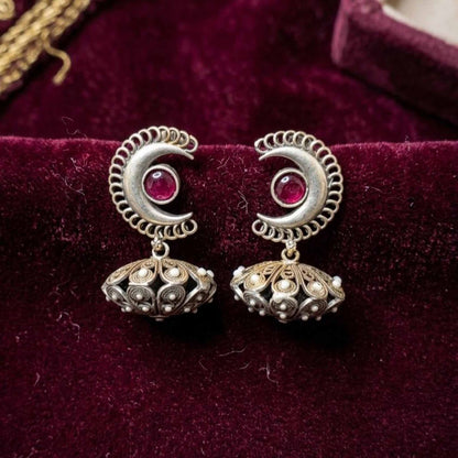 Moonstone Basket Jhumki Earrings velvet backdrop view