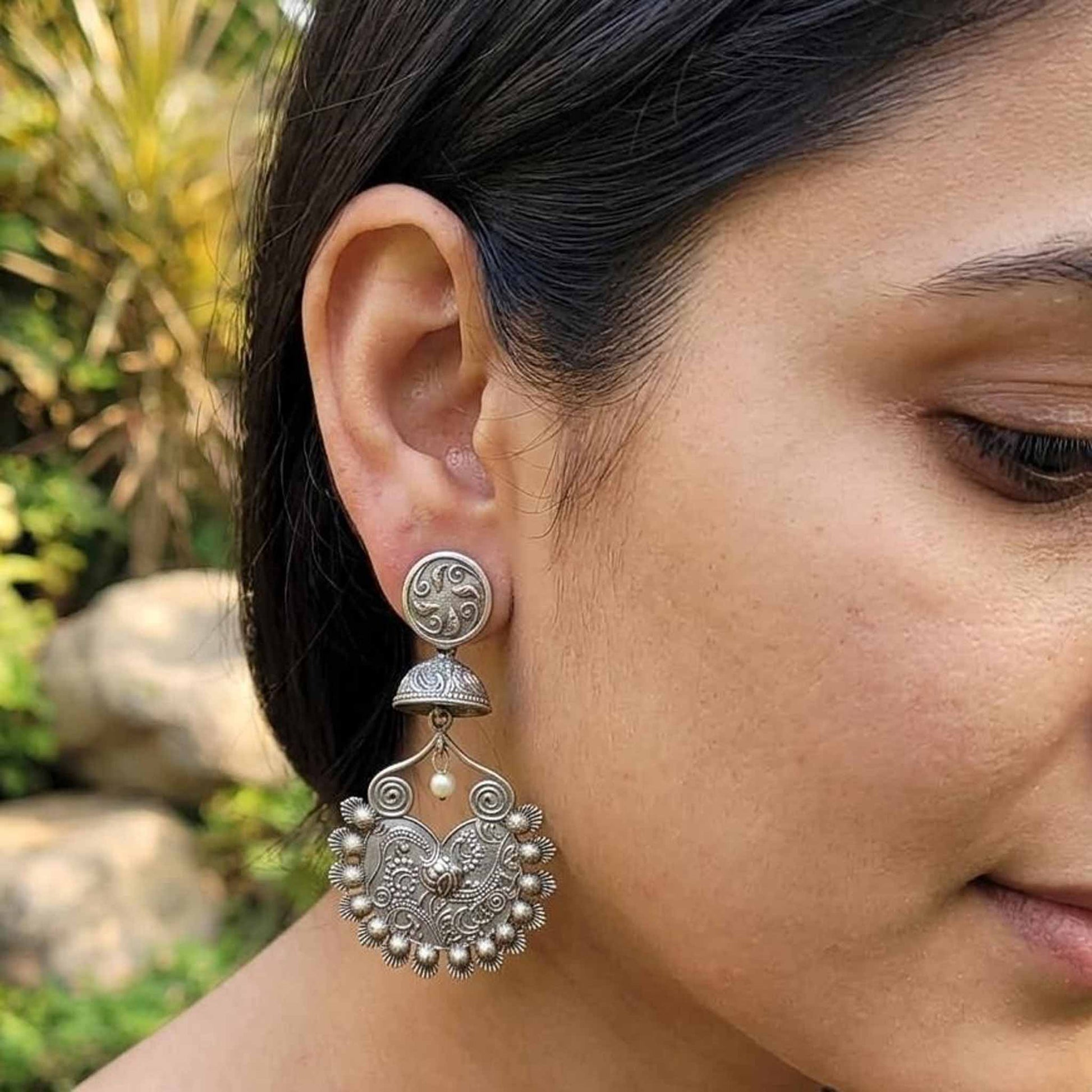 StuffByShweta German Silver Floral Peacock Jhumka - Image 7