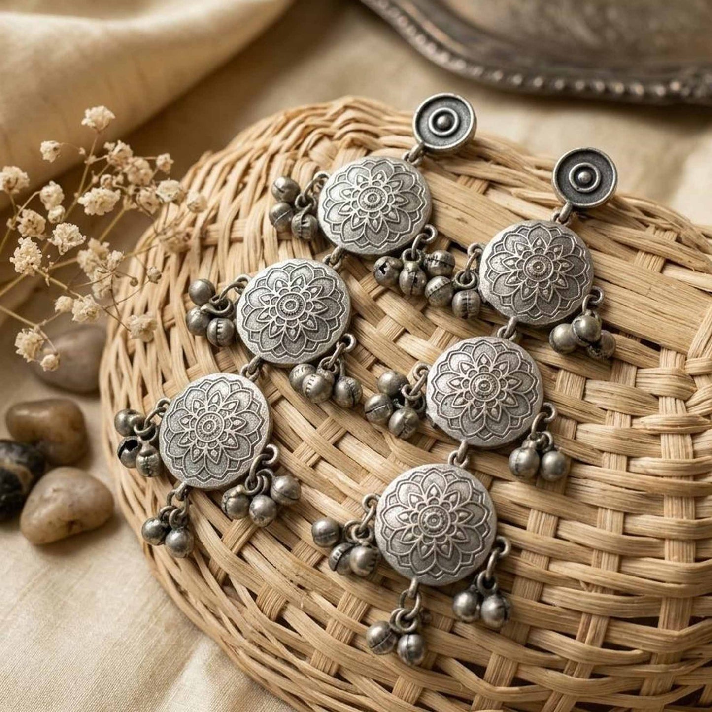 Boho handcrafted mandala ghunghroo earrings styled on basket