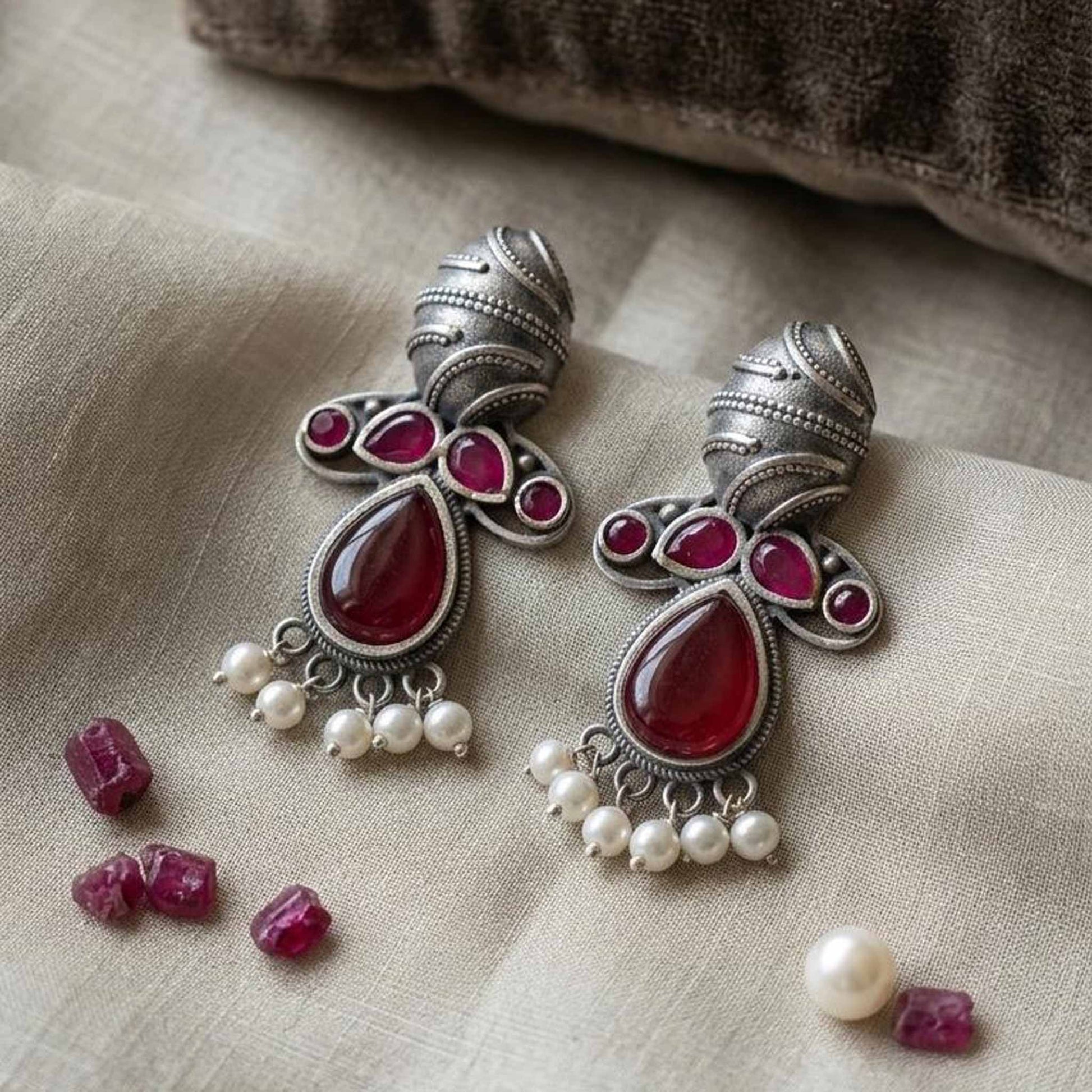 German Silver ruby pearl earrings with decorative stones