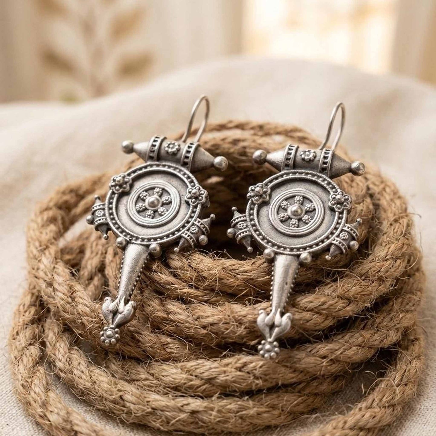 German silver tribal earrings displayed on rope styling setup