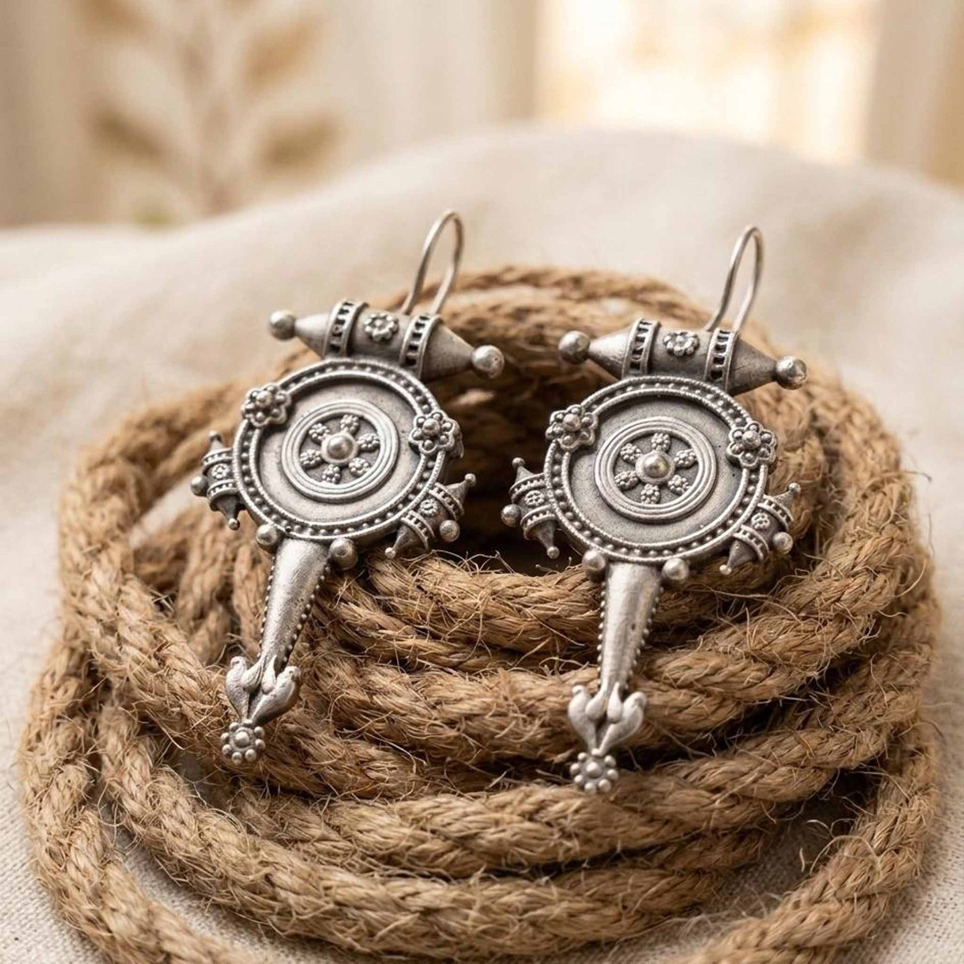 German silver tribal earrings displayed on rope styling setup