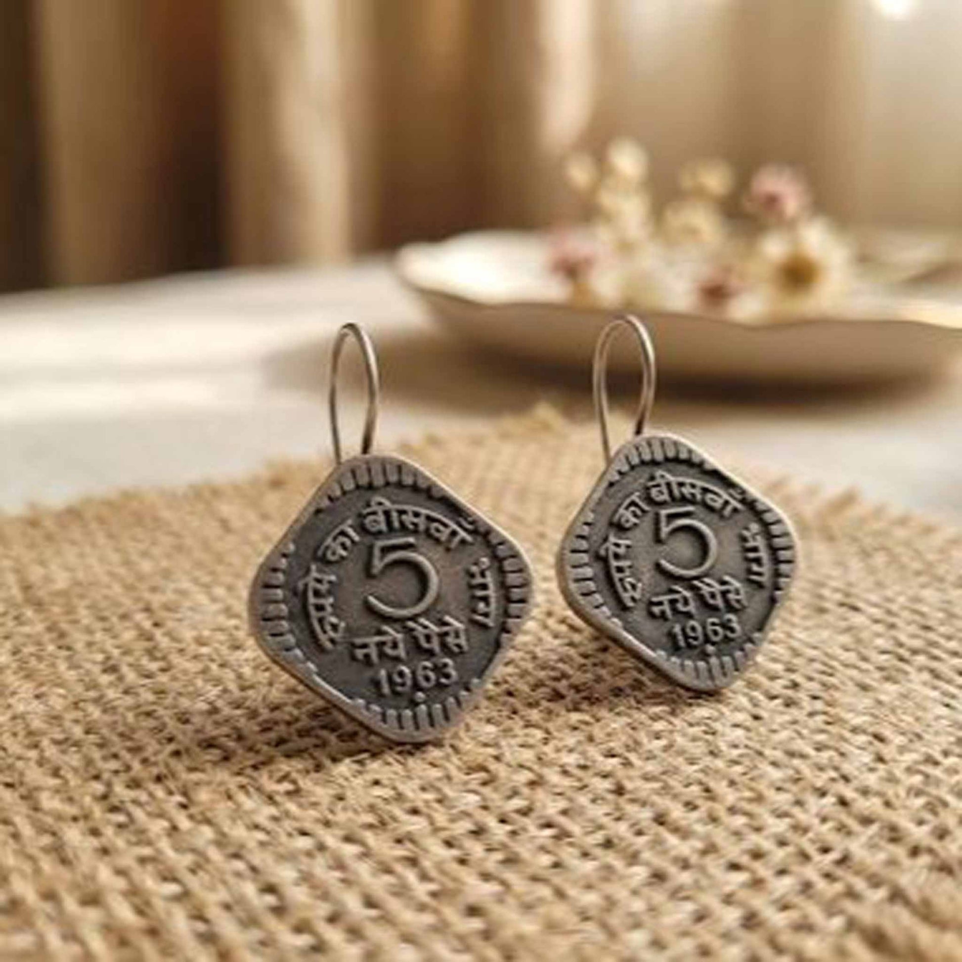 Retro inspired 5 paisa coin earrings with hook style