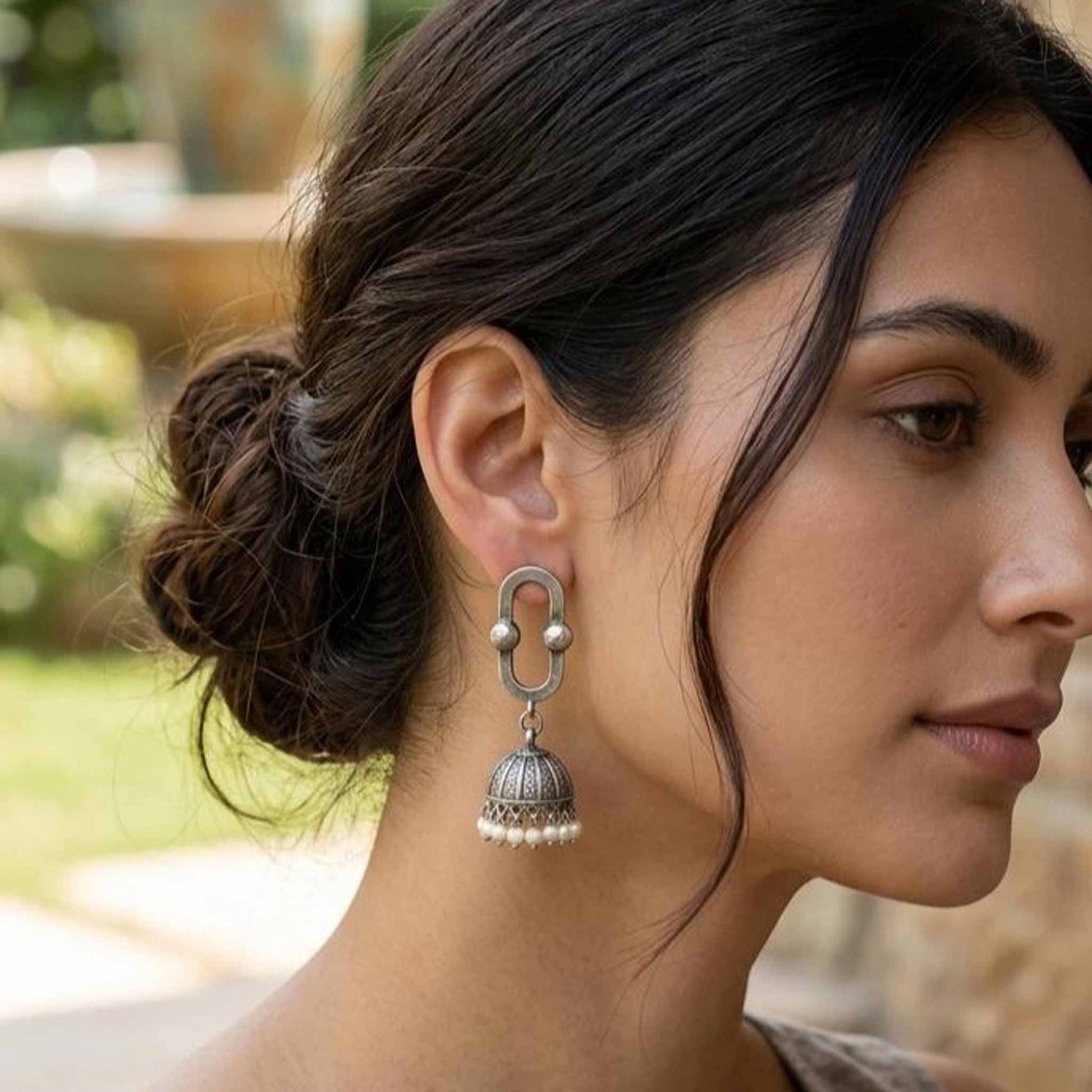Oval Border Pearl Jhumki Earrings worn by model