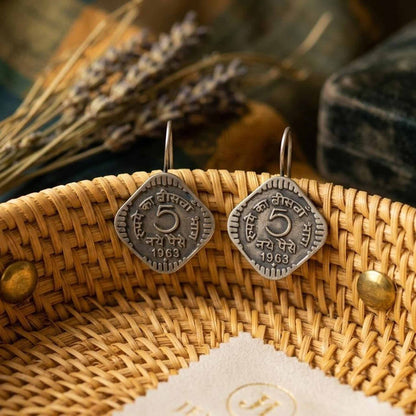 Vintage 5 paisa coin earrings with German Silver silver finish