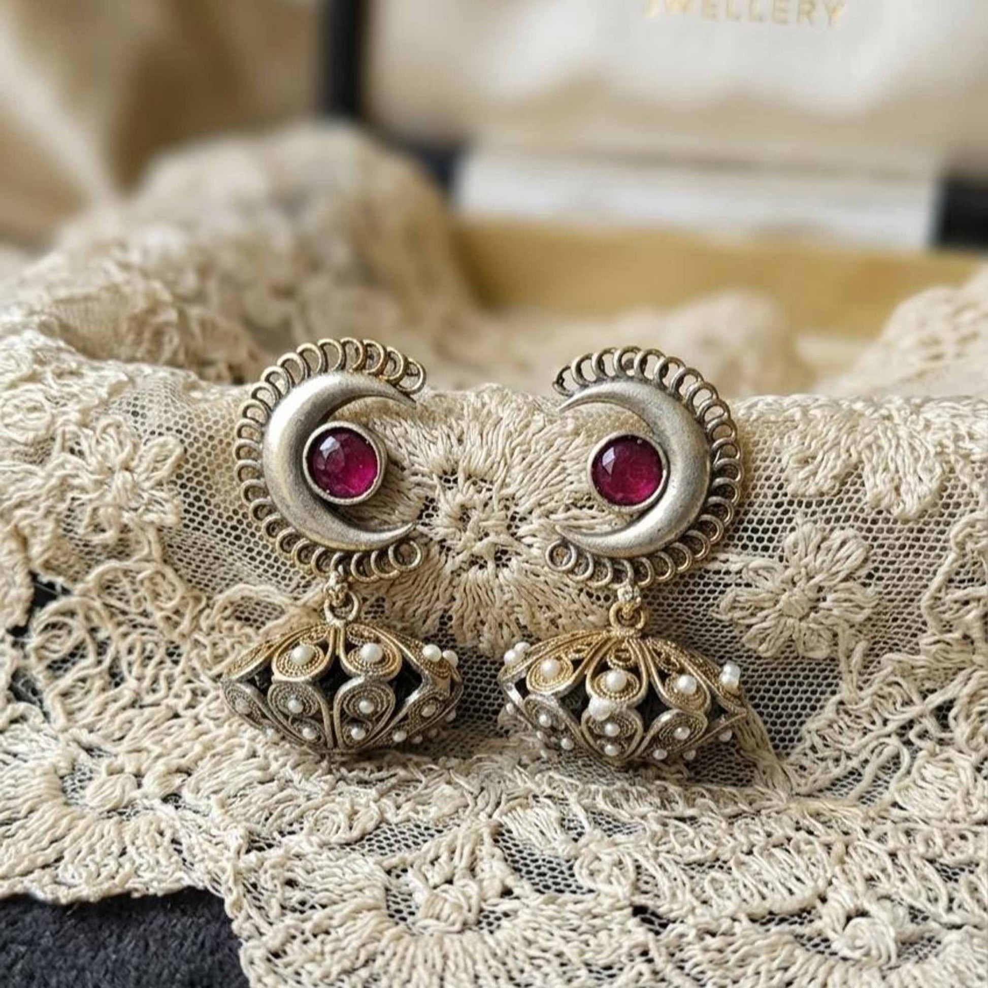 Moonstone Basket Jhumki Earrings lace fabric styling