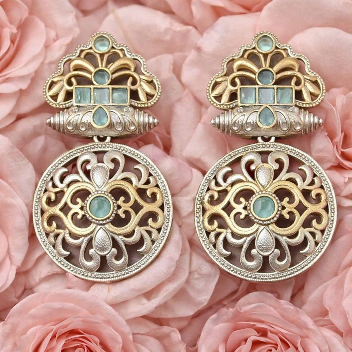 German Silver Floral Dangle Statement Earrings - Image 4
