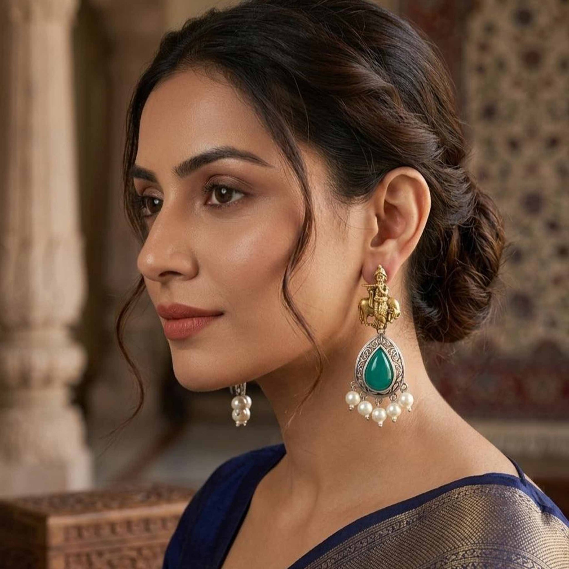 Elegant portrait styling of Krishna emerald earrings