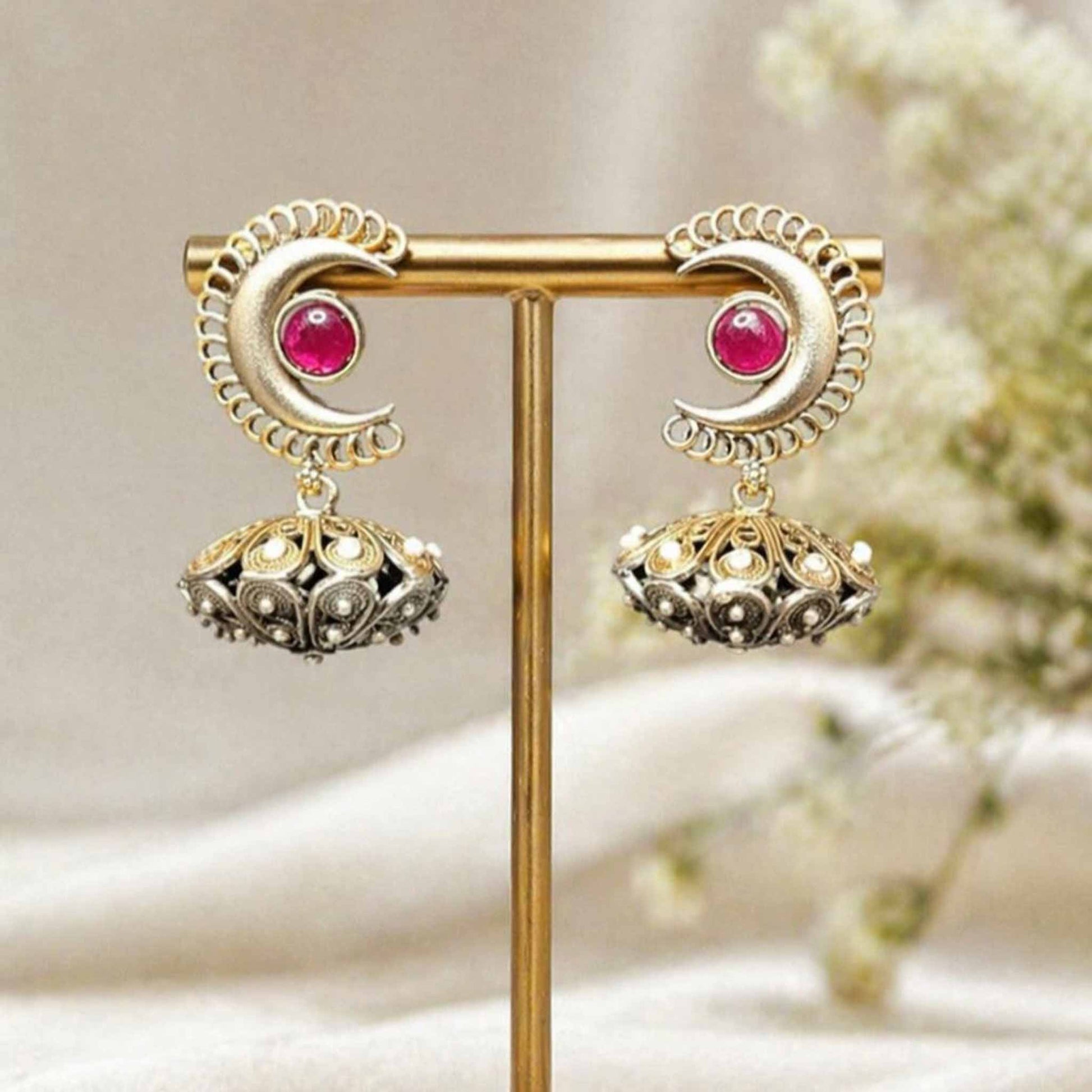 Moonstone Basket Jhumki Earrings gold stand showcase