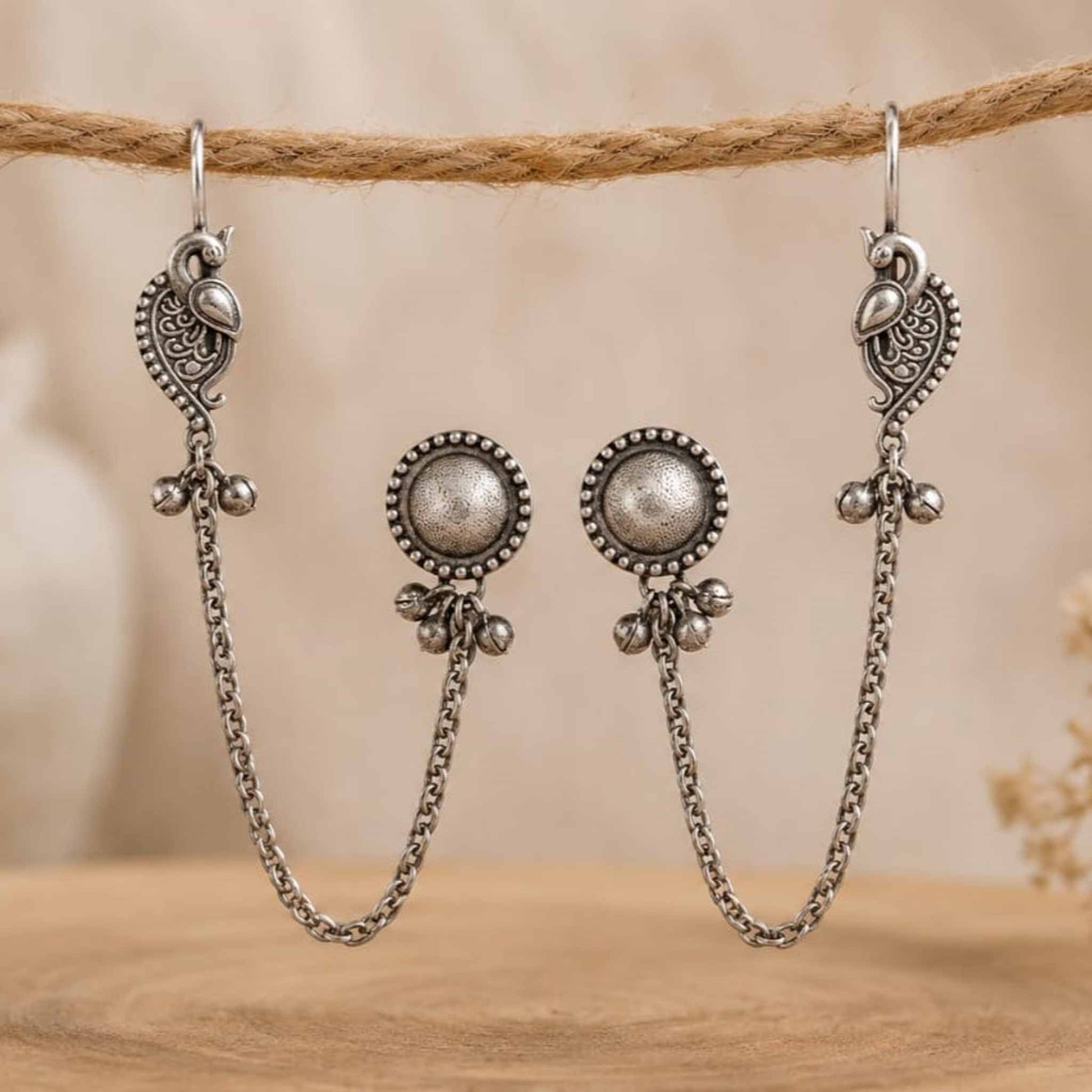 Traditional German Silver ear chain earrings on rope display