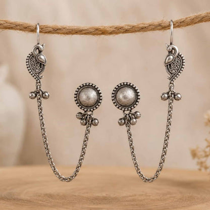 Traditional German Silver ear chain earrings on rope display