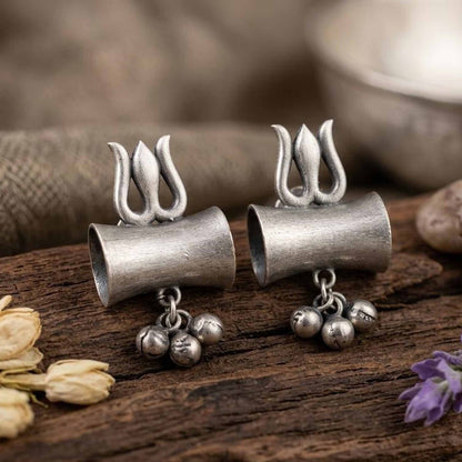 Traditional silver tone trishul earrings with ghungroo