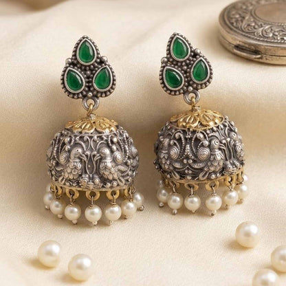 Emerald German Silver jhumka earrings with pearls