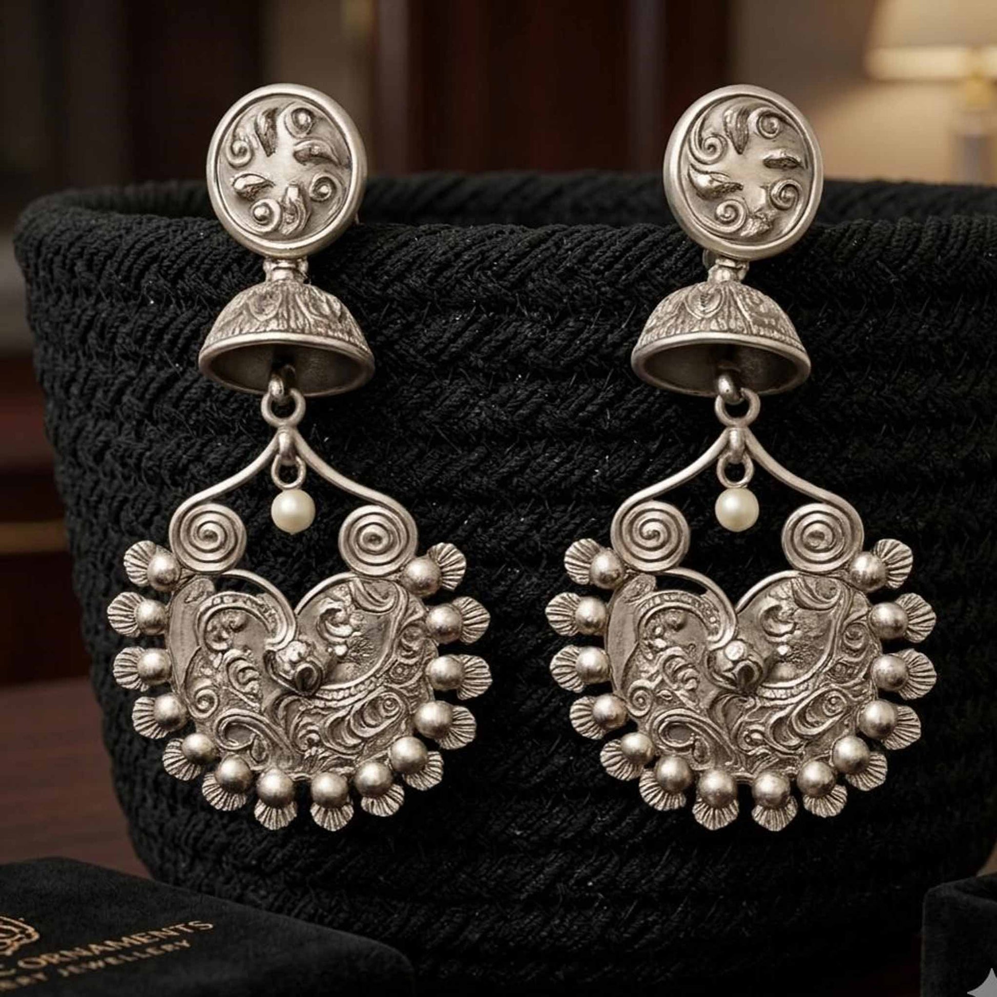 StuffByShweta German Silver Floral Peacock Jhumka - Image 1