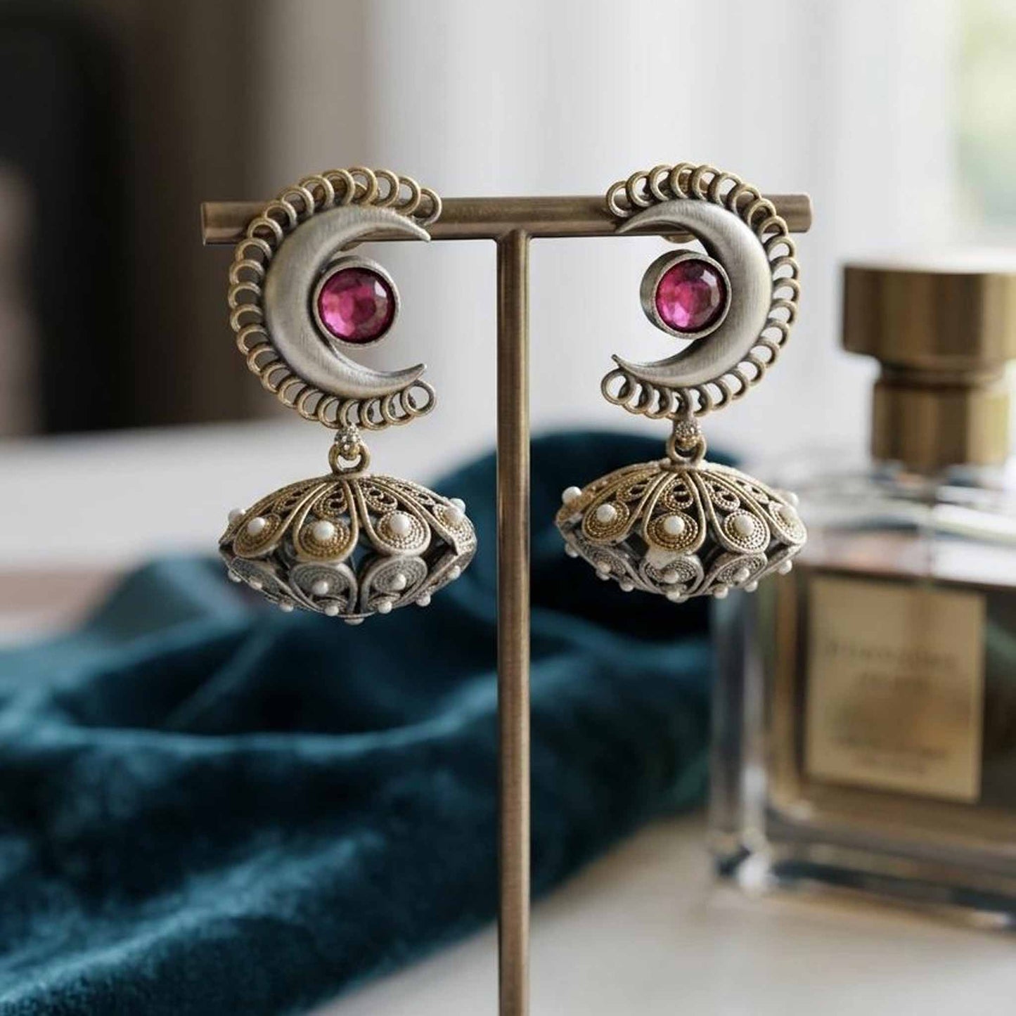 Moonstone Basket Jhumki Earrings luxury stand styling