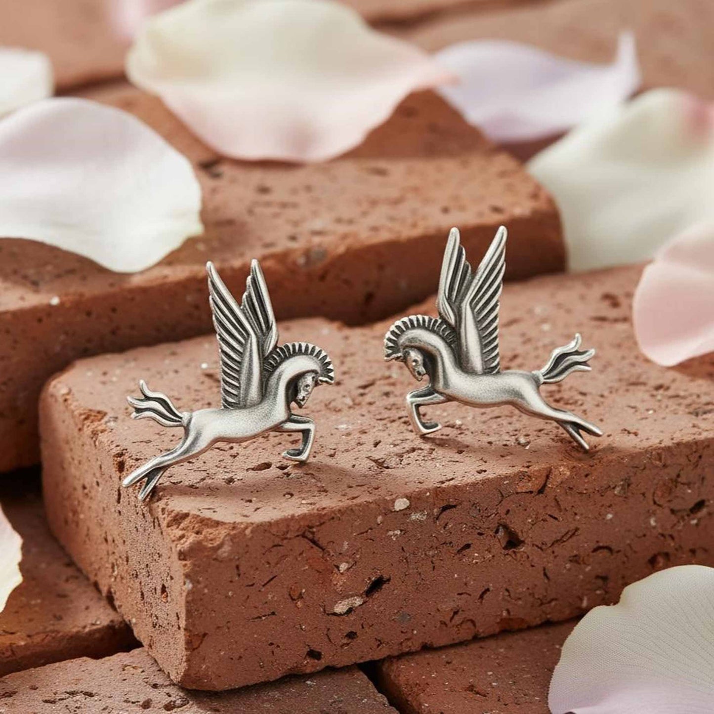 Winged horse German silver earrings on brick styling setup
