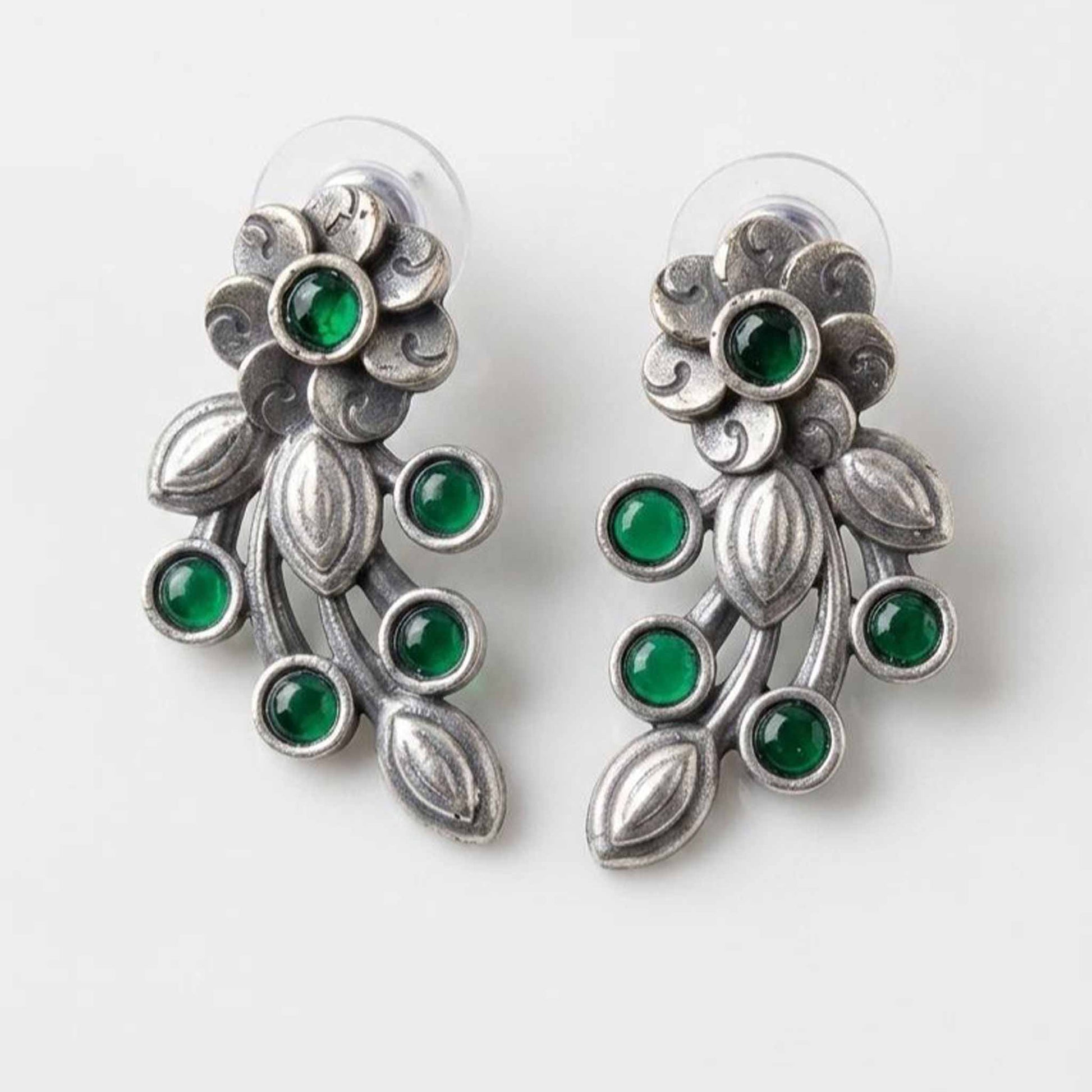 Front product image of green floral vine earrings