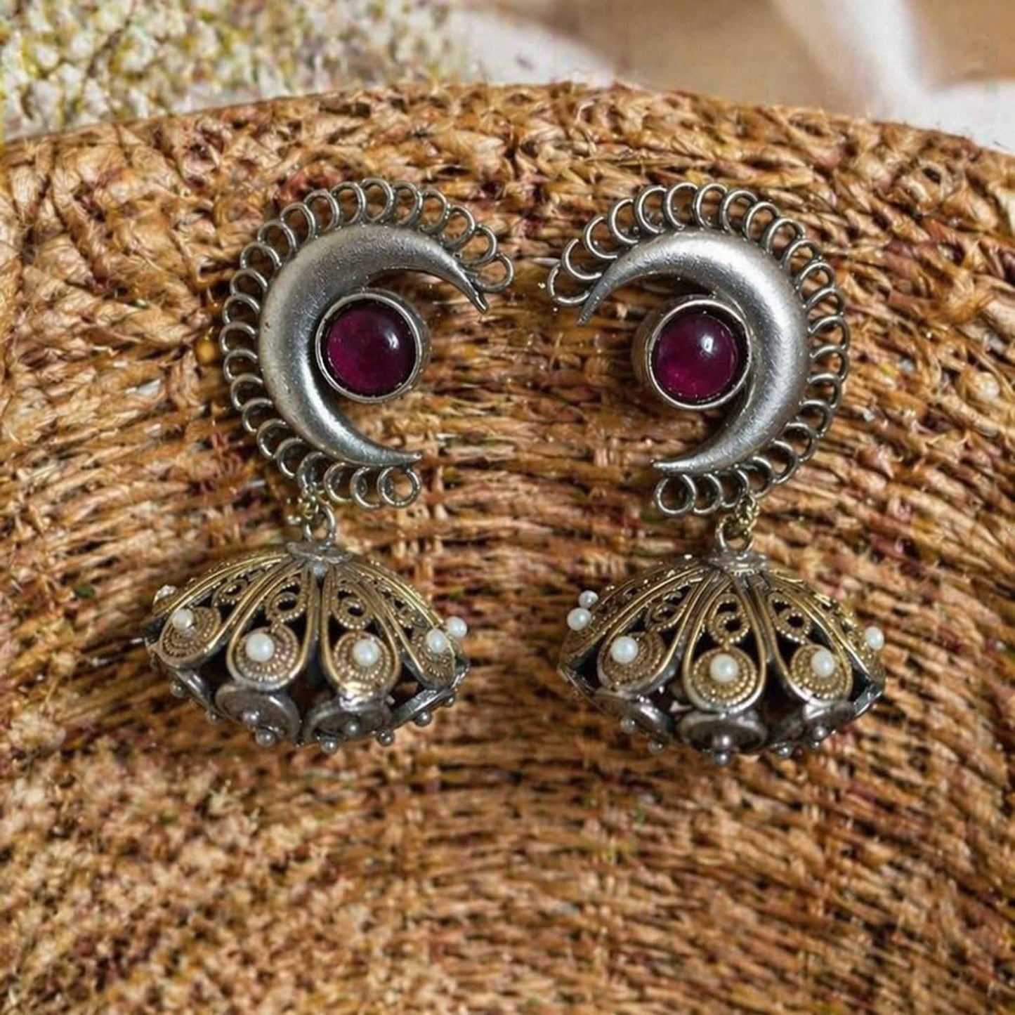 Moonstone Basket Jhumki Earrings close up basket styling