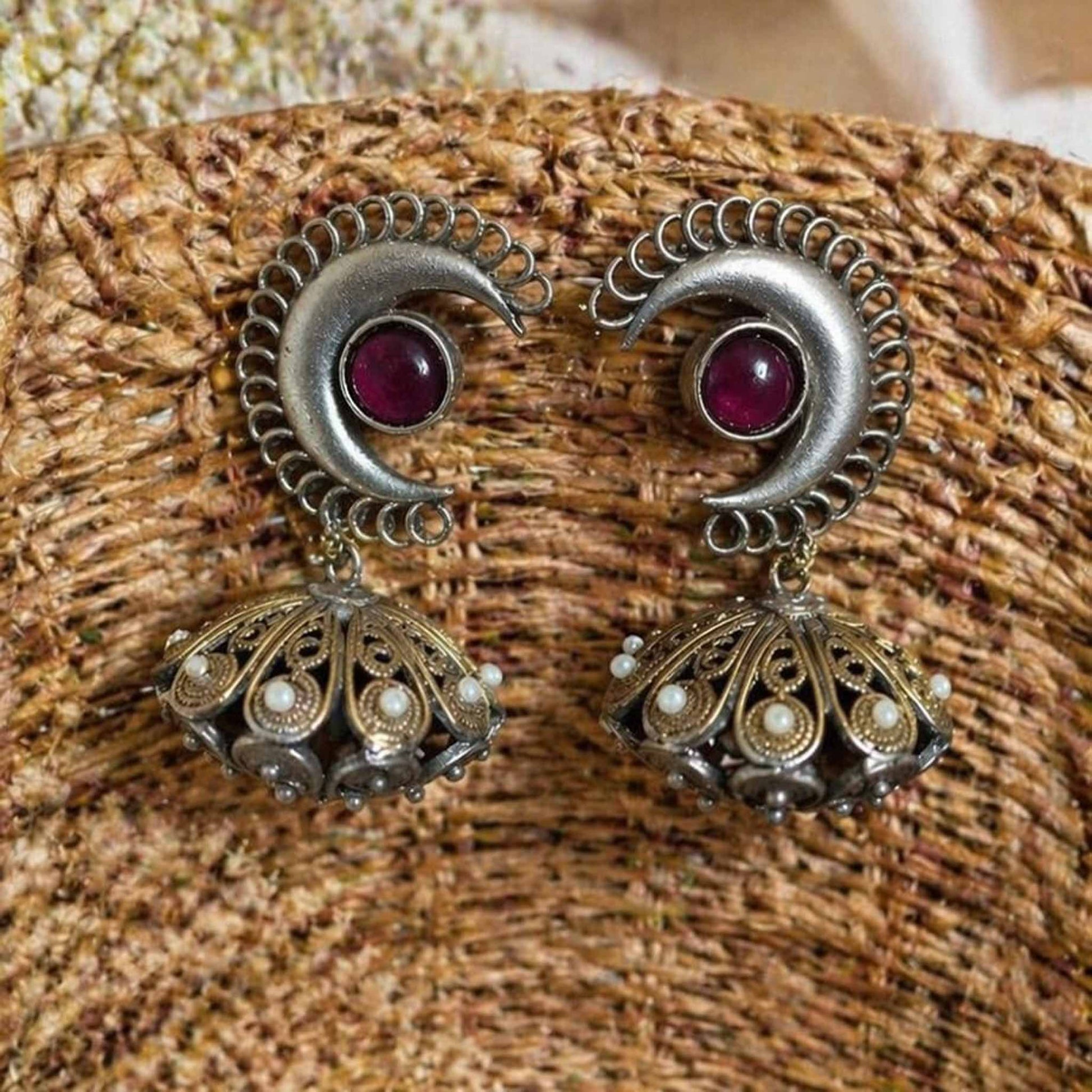Moonstone Basket Jhumki Earrings close up basket styling