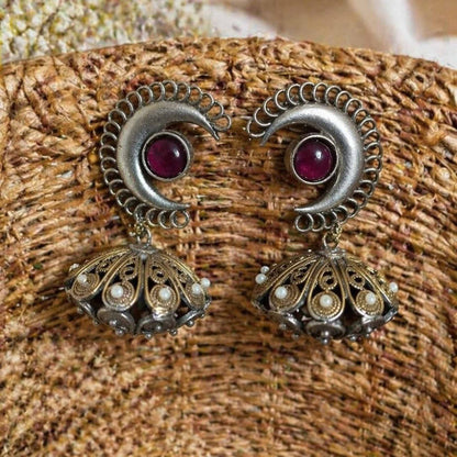 Moonstone Basket Jhumki Earrings close up basket styling