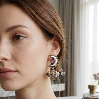 Moonstone Basket Jhumki Earrings model wear styling