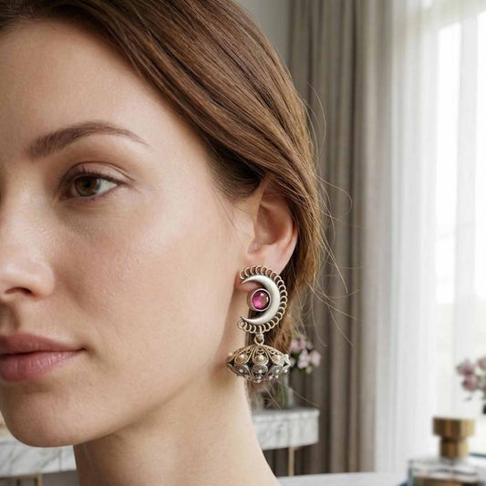 Moonstone Basket Jhumki Earrings model wear styling