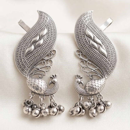 Traditional German Silver peacock ear cuff earrings closeup