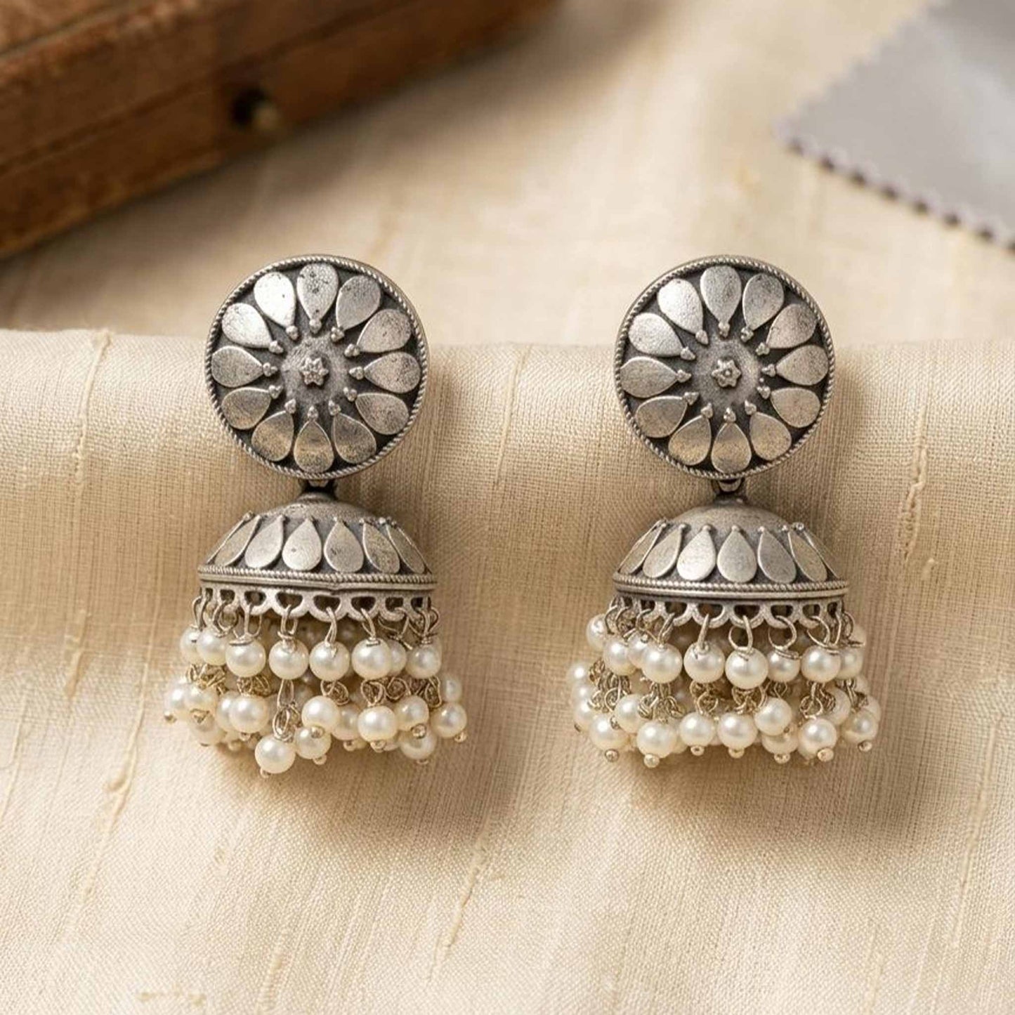 Petal pearl jhumka German silver earrings front view
