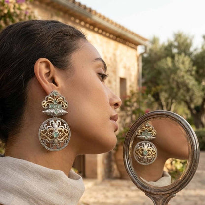 German Silver Floral Dangle Statement Earrings - Image 2