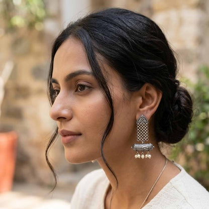 Heritage pearl dangler earrings worn by model