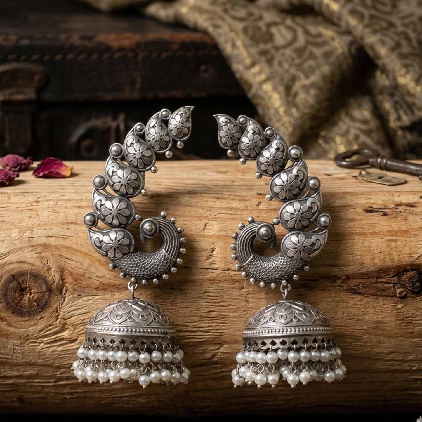 Traditional peacock earcuff pearl jhumka earrings on wooden backdrop