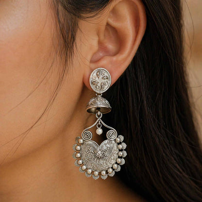 StuffByShweta German Silver Floral Peacock Jhumka - Image 6