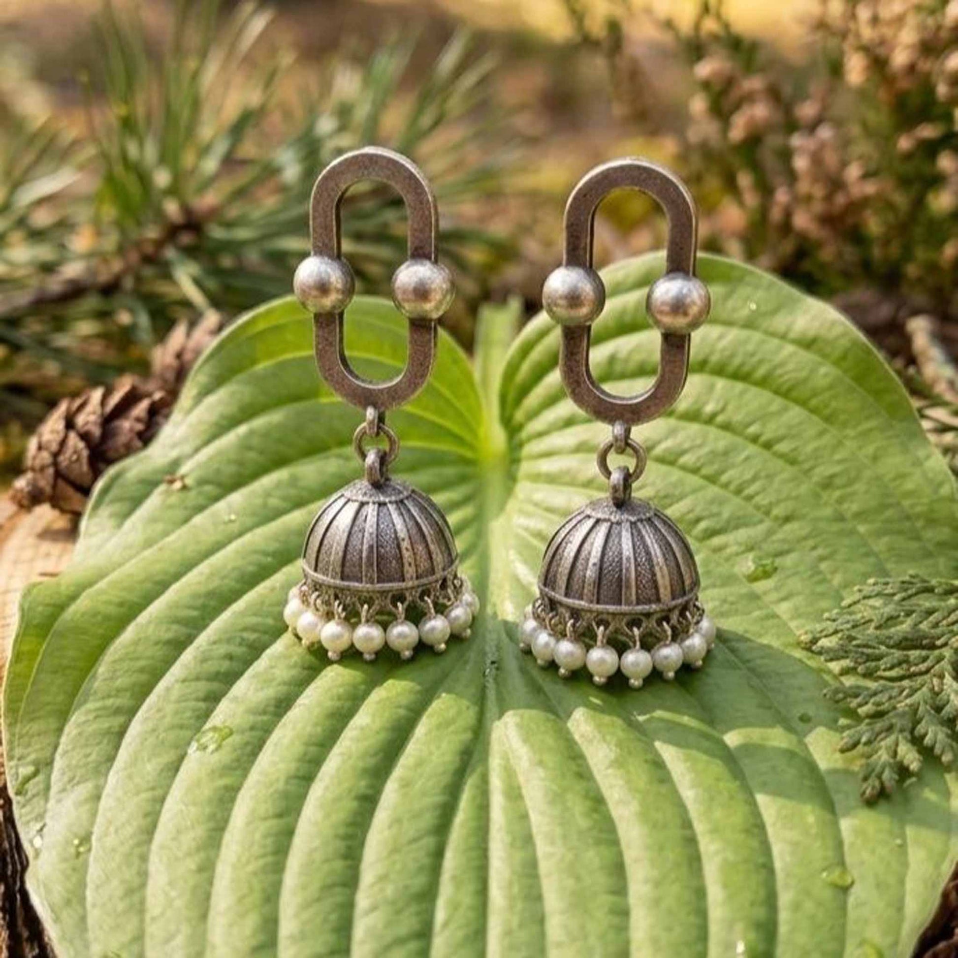Oval Border Pearl Jhumki Earrings outdoor leaf styling