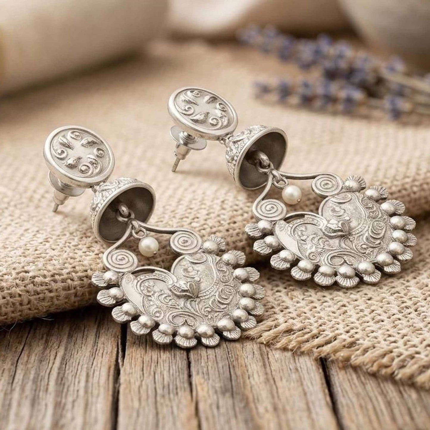 StuffByShweta German Silver Floral Peacock Jhumka - Image 3