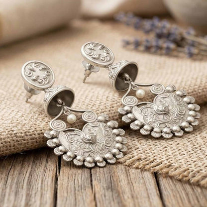 StuffByShweta German Silver Floral Peacock Jhumka - Image 3