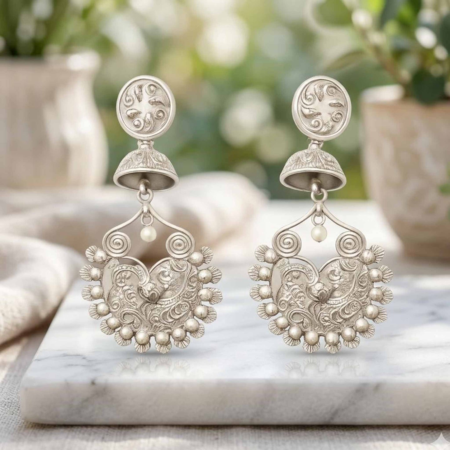 StuffByShweta German Silver Floral Peacock Jhumka - Image 2