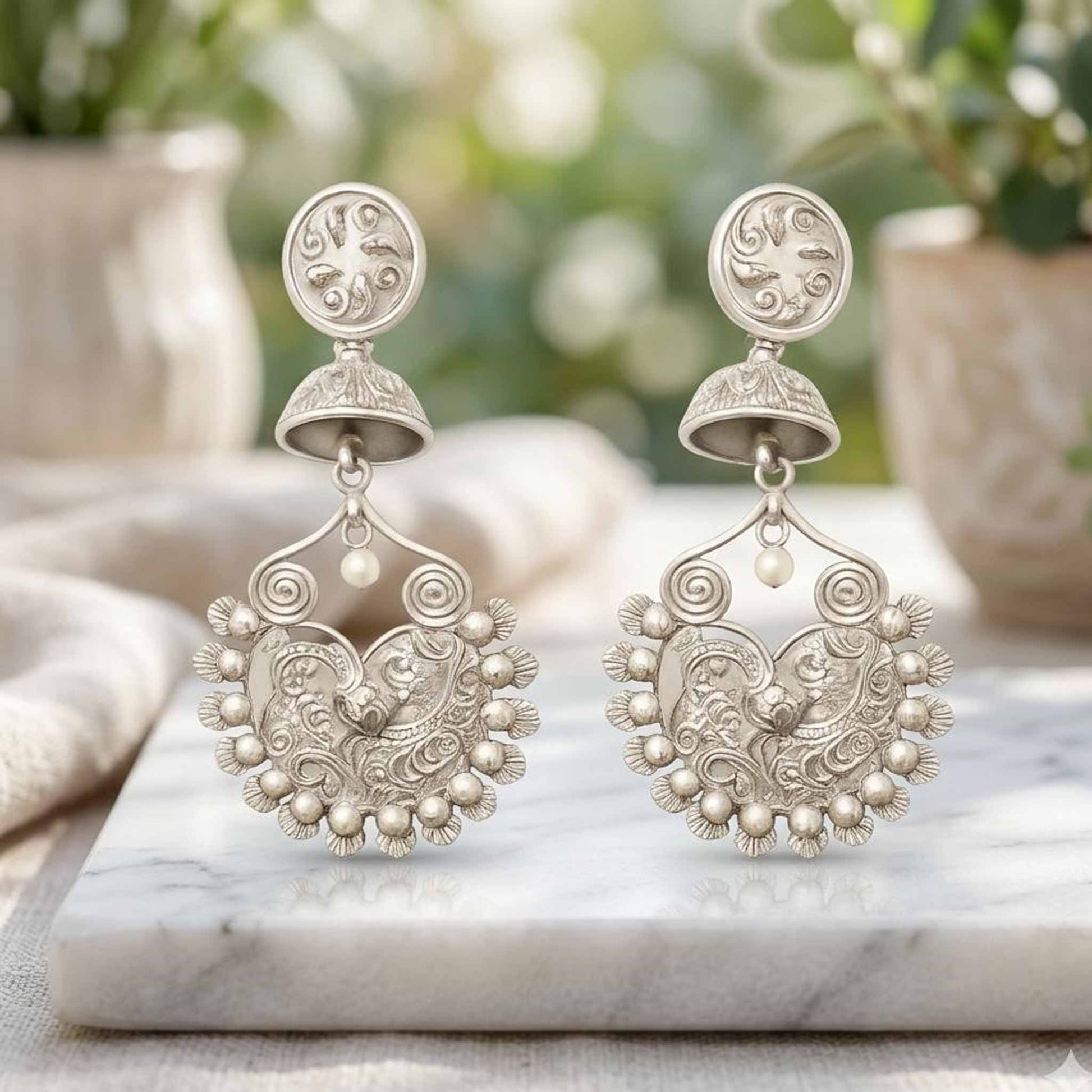 StuffByShweta German Silver Floral Peacock Jhumka - Image 2