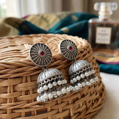 Ruby pearl German silver jhumka earrings on basket