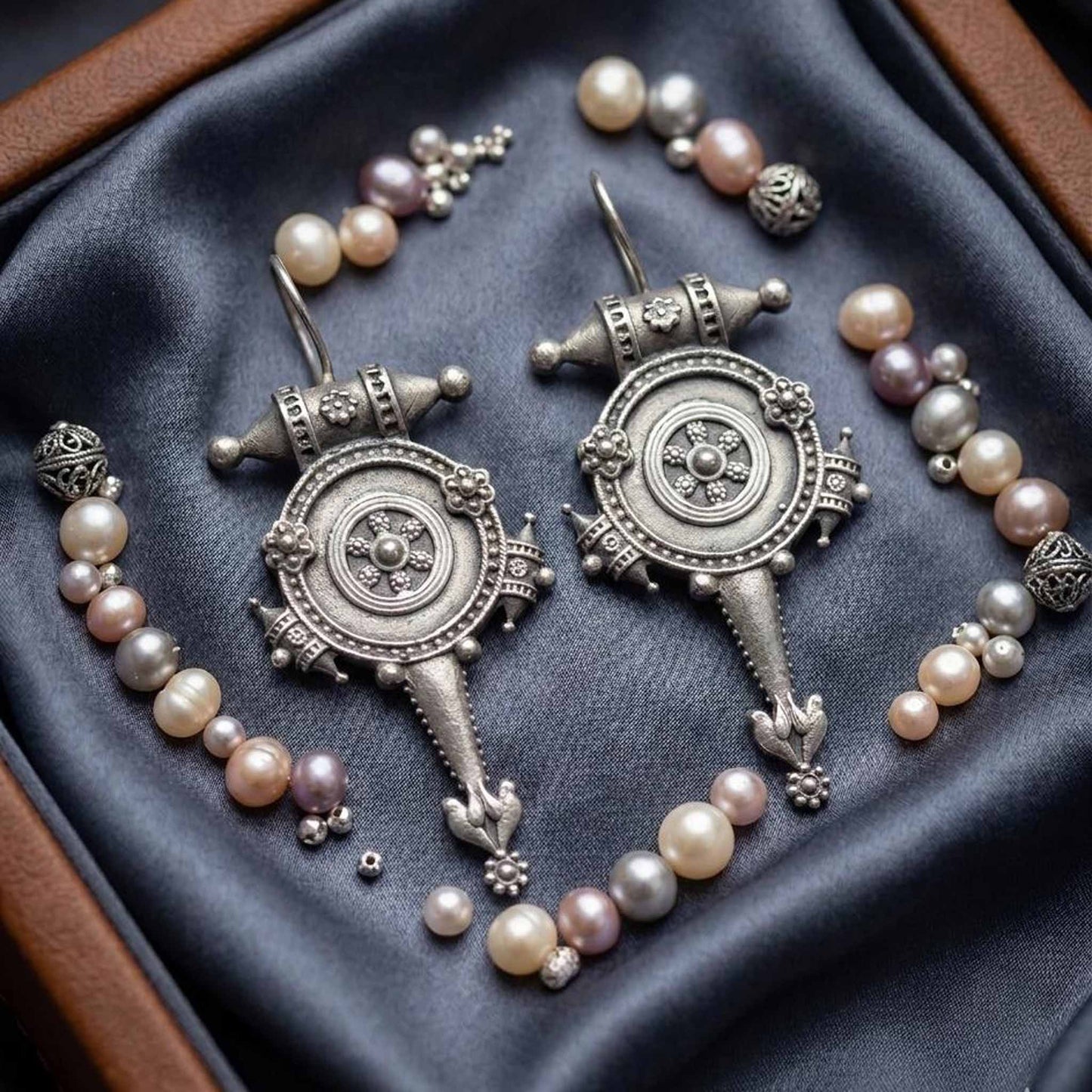 Detailed flatlay of antique tribal hook earrings