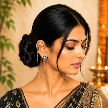 Model showcasing German Silver peacock ear chain jewellery