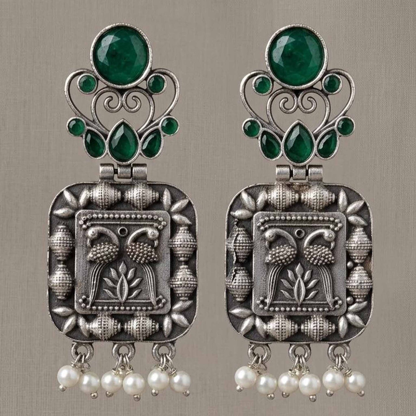 Emerald green peacock German silver pearl drop earrings front view